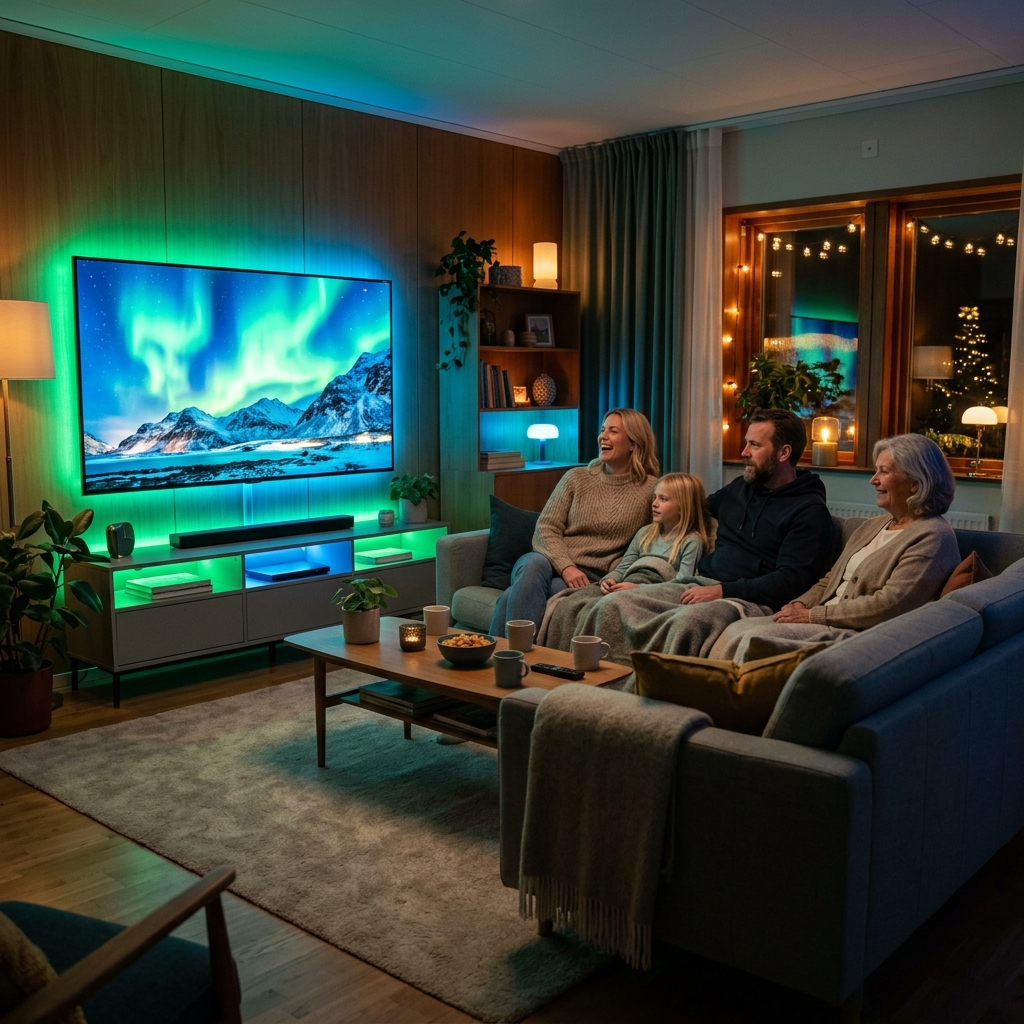IPTV Sverige - Familj tittar på 4K Smart TV i vardagsrummet